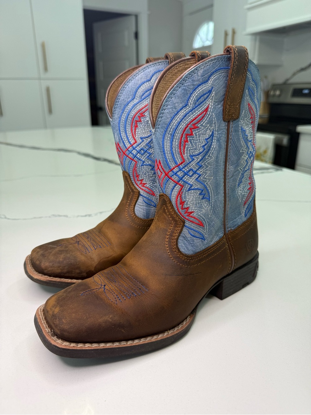 Ariat Kids Double Kicker Western Boots US 3 Distressed Brown Stone Blue